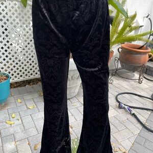 Black Embossed Velvet Flare Pants with Gothic Bellbottoms and Floral Brocade XXL